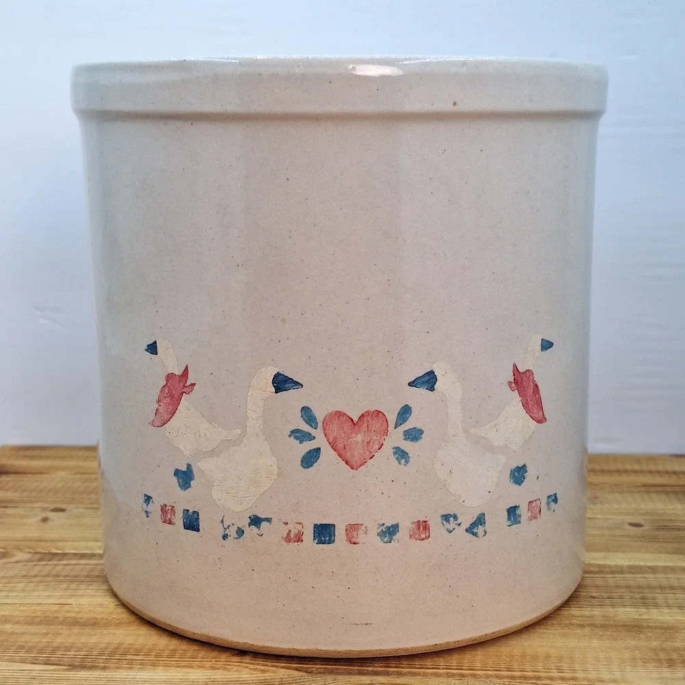 Vtg Robinson Ransbottom 1 Gallon Goose Blue Crown Stoneware Crock Hand Painted